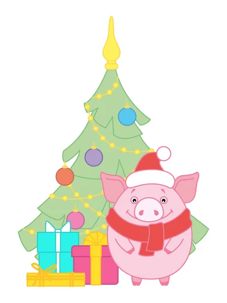 Porco Chapéu Cachecol Perto Árvore Natal Decorado Com Brinquedos Presentes — Vetor de Stock