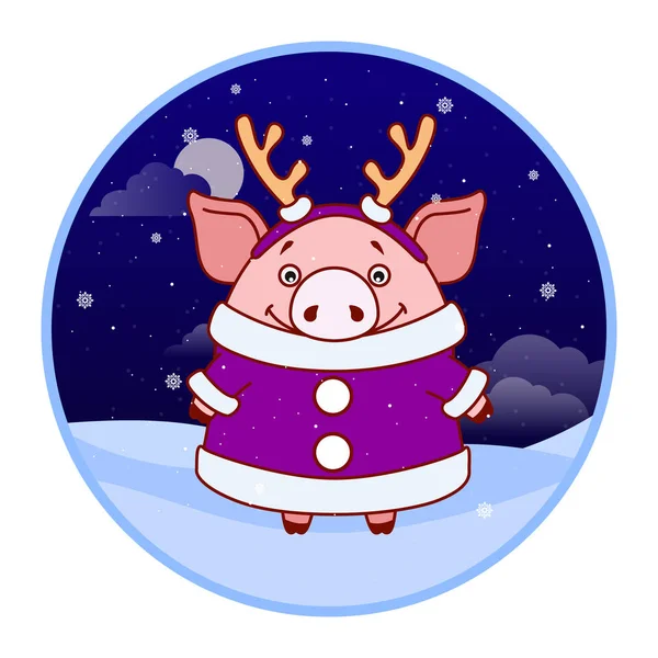 Etiket domuz paltolu ve kış manzara arka plan üzerine kafasında boynuz ile. İyi akşamlar. Çin takvimine yeni yılda sembolü. Çizgi film. Vektör.