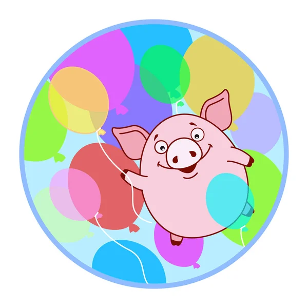 カラフルな風船の背景にバルーンを飛んでいるステッカー豚 中国のカレンダーで新しい年のシンボルです ベクトル — ストックベクタ