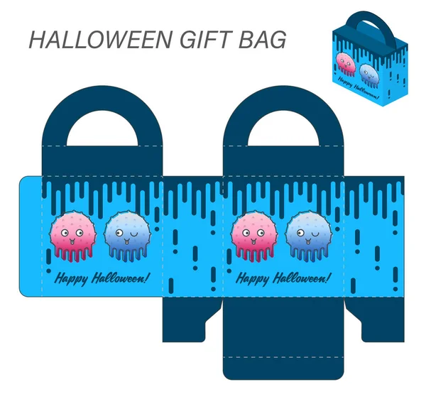 Template Paper Gift Box Handles Halloween Sweets Monsters Pink Blue — Stock Vector