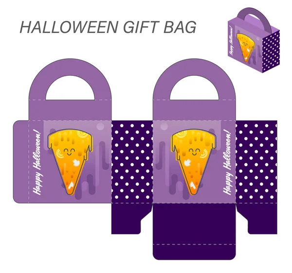 Template Paper Gift Box Handles Halloween Sweets Monster Pizza Lilac — Stock Vector