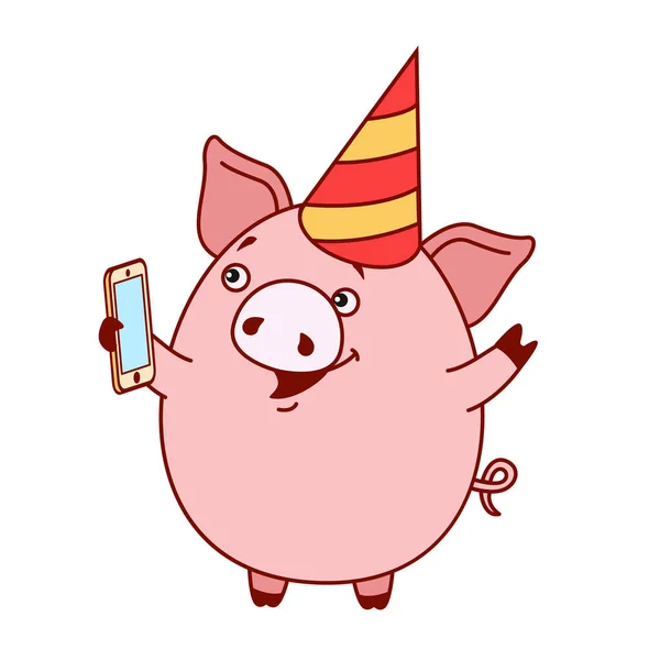 キャップの豚は 彼のスマート フォンを Selfie を取ります 中国のカレンダーで新しい年のシンボルです 2019 ベクトル ポストカード ステッカー — ストックベクタ