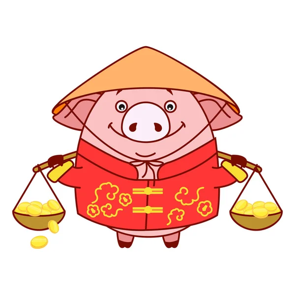 Świnka Stroju Narodowego Kosze Złota Symbolem Nowego Roku Chińskim Kalendarzu — Wektor stockowy