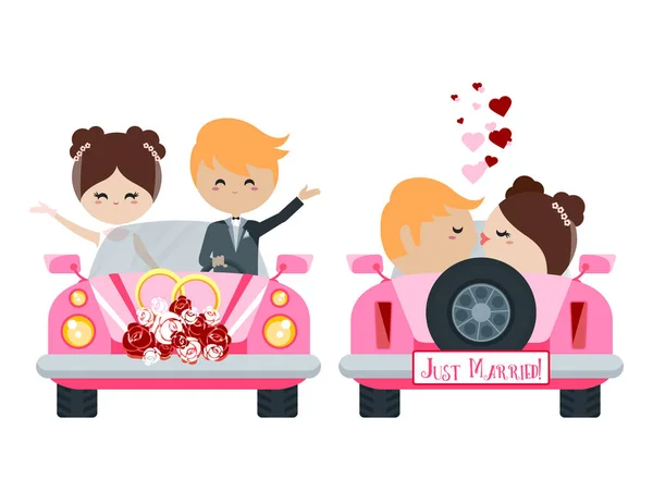 Voiture Mariage Avec Les Mariés Vue Avant Arrière Fond Isolé — Image vectorielle