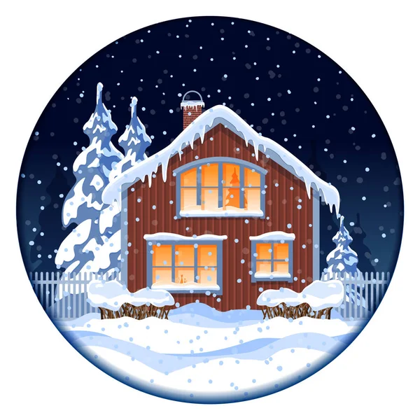 Kış evi gece ormanda. Resimde Noel ve yeni yıl için. Vektör