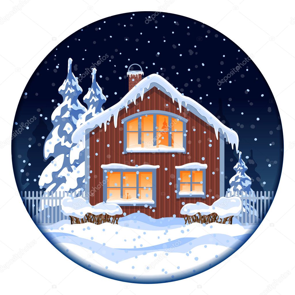 Winter house at night in the woods. Illustration for the new year and Christmas. Vector