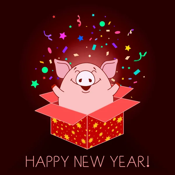 Щасливого нового року вітальну листівку. Piggy вистрибуючи з подарунковій коробці — стоковий вектор