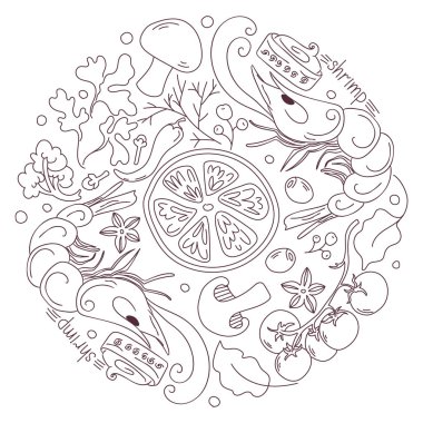 Baharatlar, Doodle tarzında boyalı ile karides. Vecto