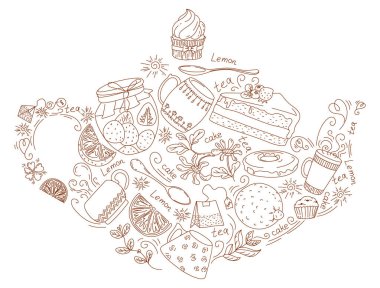 Bir çaydanlık şeklinde çay için öğeleri kümesi: su ısıtıcısı, kaşık, çay poşeti, şekerlik, sütçü, limon, reçel, Kupası. Doodle tarzı. Vektör