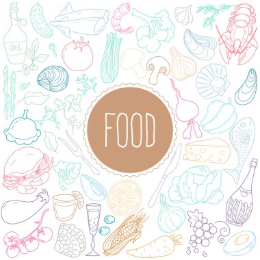 Gıda Doodle tarzı tema öğeleri kümesi. Deniz ürünleri, sebze, şarap, yemekler. Vektör