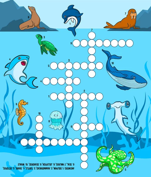 Crucigrama Educativo Para Niños Mundo Marino Delfín Morsa Foca Tortuga — Vector de stock