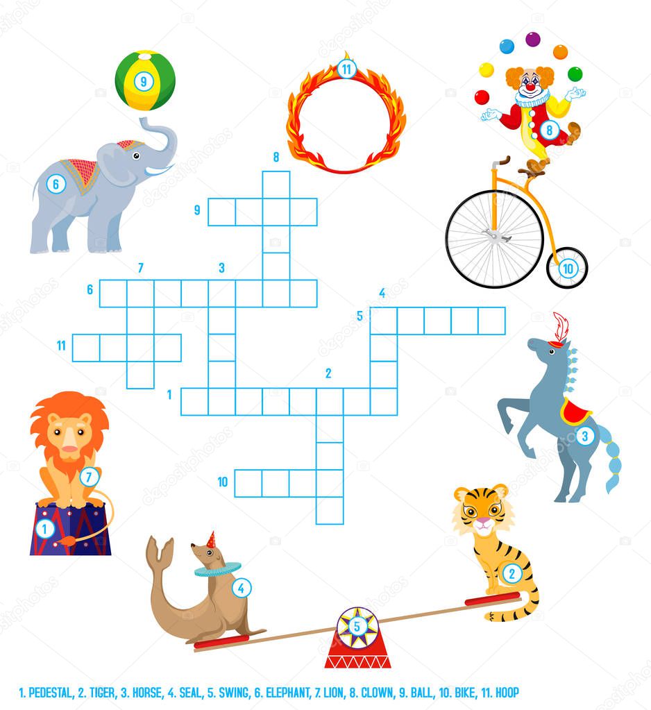 Children's educational game crossword. Circus: clown, elephant, tiger, lion, horse, seal. Vector
