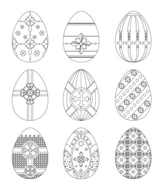 Paskalya yumurtaları haçlar farklı türleri kullanarak desenleri ile kümesi. Boyama. Vektör