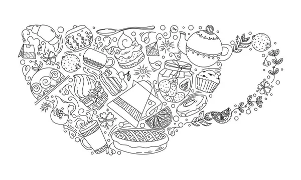 Conjunto Artículos Alimentos Para Forma Una Taza Doodle Vector — Vector de stock