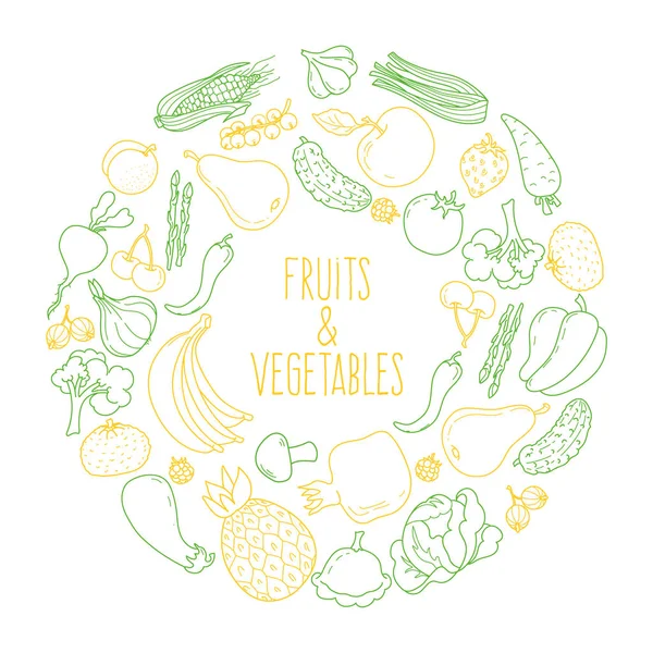 Conjunto de verduras y frutas en círculo. Pegatina. Doodle. Vecto. — Vector de stock