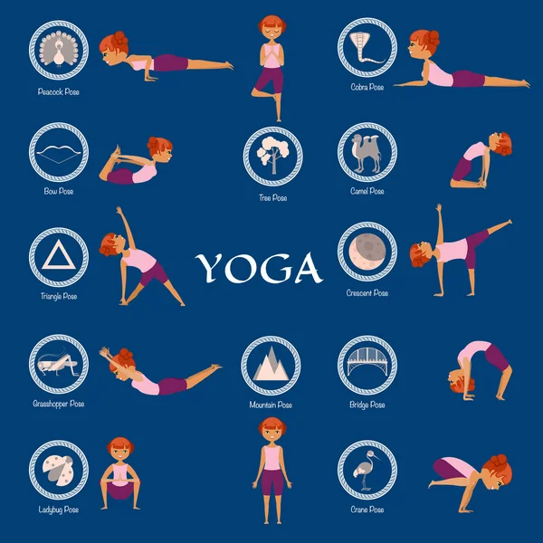 Serie di pose di yoga con illustrazioni dei loro nomi. Poster. Vec — Vettoriale Stock