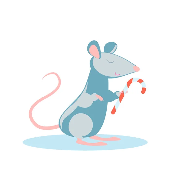 Rat met een gestreepte snoep in zijn poten in de vorm van een stok. — Stockvector