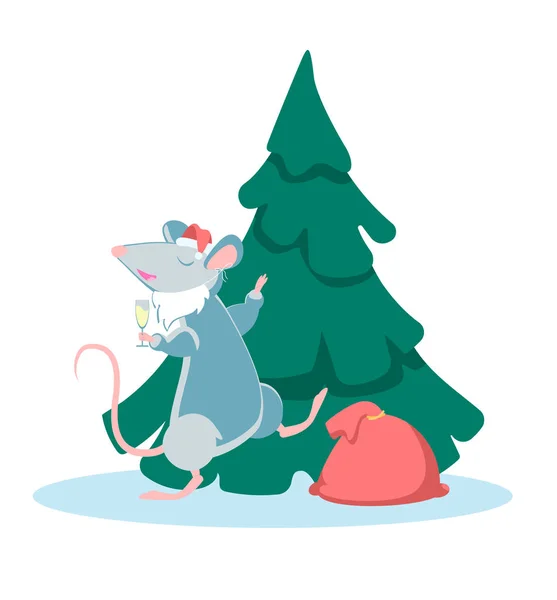 Rat in Santa's hat and beard dancing near the Christmas tree — Stock Vector