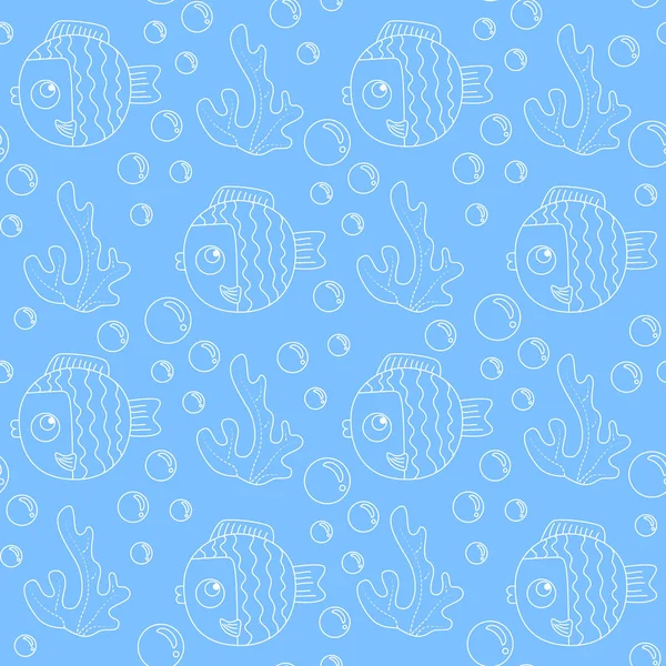 Vis, bubbels en koralen op blauwe achtergrond. — Stockvector
