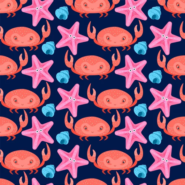 螃蟹，海星，深蓝色背景的贝壳. — 图库矢量图片