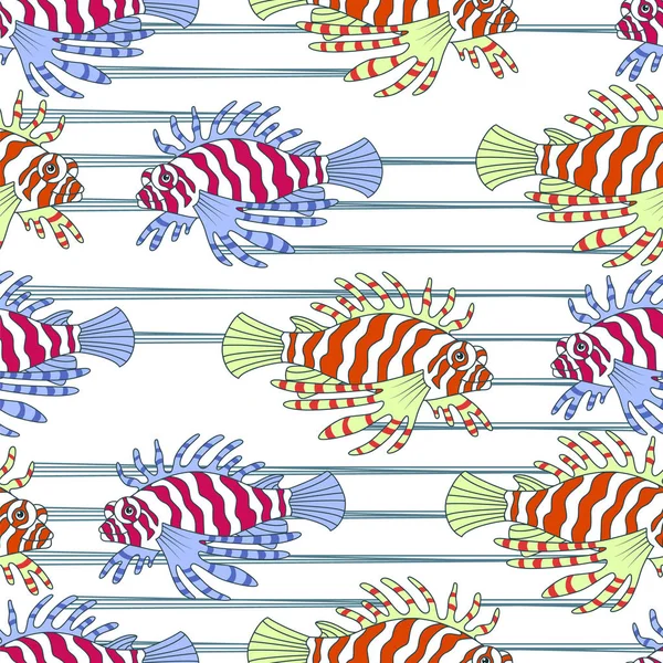Многоцветная львиная рыба на полосатом фоне. Бесшовный рисунок . — стоковый вектор