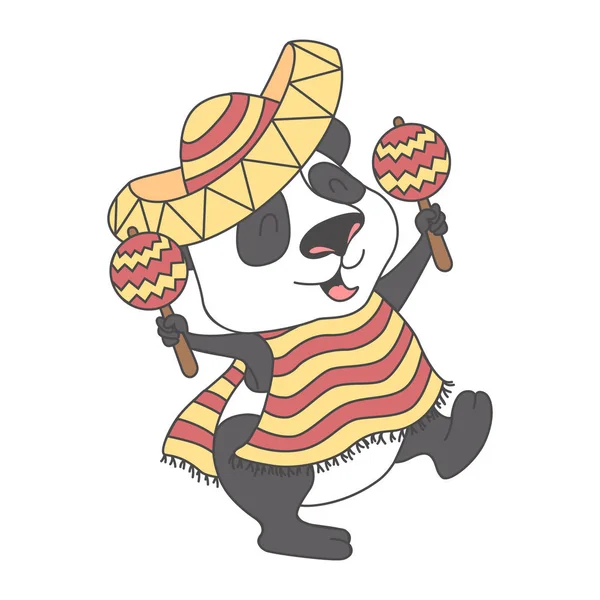 Panda in een Mexicaans carnaval kostuum met maracas. Kinderen ziek — Stockvector