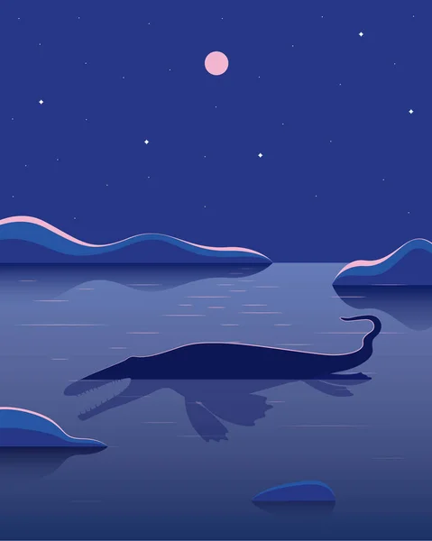 Dinosaurio en el lago por la noche. Fantástica imagen. Cartel. Vector — Vector de stock