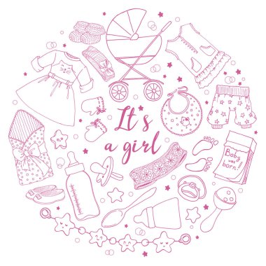 Bebek kız için nesneleri ve giysileri ile Yuvarlak etiket. Doodle. Ve
