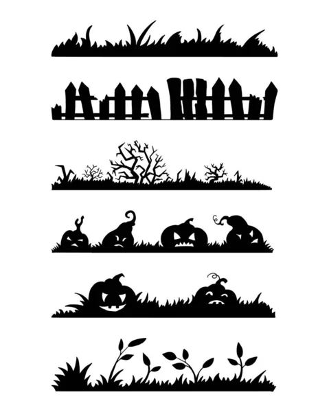 Set of silhouettes for Halloween: grass, fence, trees and bushes — Stock Vector