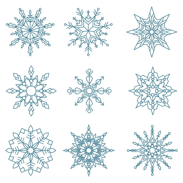 Zestaw płatków śniegu o różnych kształtach geometrycznych. Wektor — Wektor stockowy