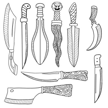 Çeşitli süsler ile Kit cadı ritüel bıçaklar. Vektör. Doodle. 