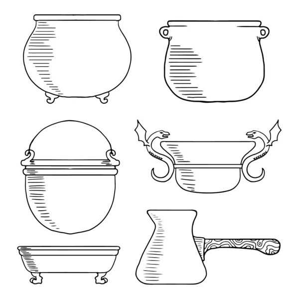 Stel heksen ketels en servies met verschillende ornamenten. Vector — Stockvector