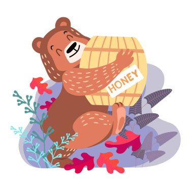 Ayı arka planda bir varil bal taşıyor.