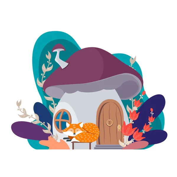 Bir tezgah üzerinde uyuyan bir Tilki ile bir mantar şeklinde Ev — Stok Vektör