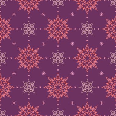 Mor bir arka plan üzerinde geometrik sırayla pembe kar taneleri