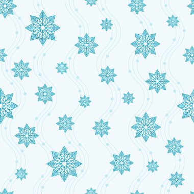 Beyaz arka planda mavi kar taneleri ve dalgalar