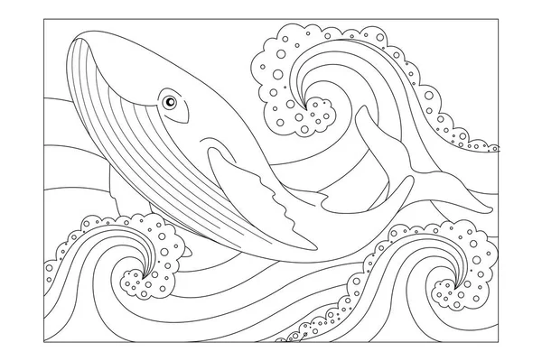 Ballena entre las olas del océano. Colorear imagen de los niños. Vector — Vector de stock