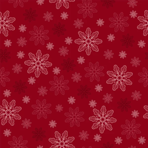 Vita och rosa snöflingor i en kaotisk ordning på en röd bakgrund — Stock vektor