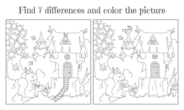 Trova sette differenze e dipingi un immagine.Casa su un ceppo nel bosco e uno scoiattolo con una noce e un fungo. Vettore — Vettoriale Stock