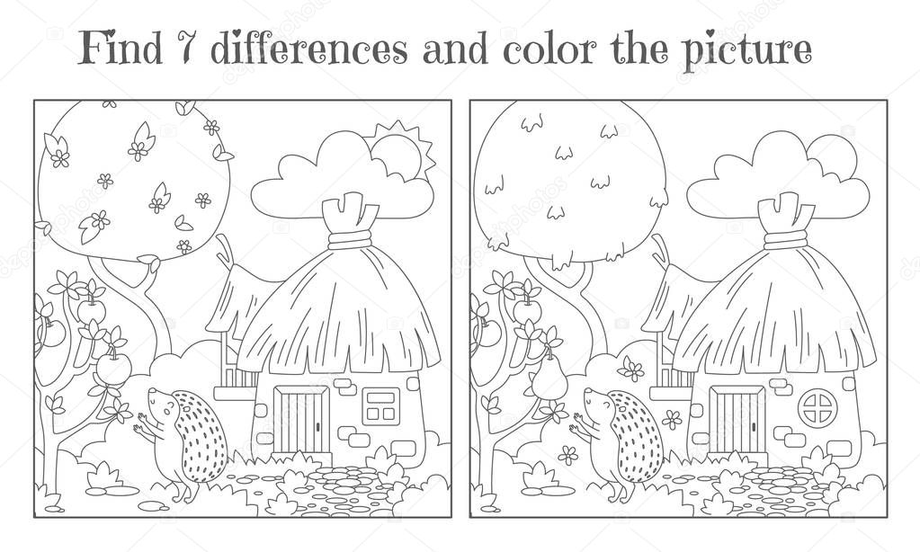 Find seven differences and paint a picture. Hedgehog near the forest hut reaches for fruit.