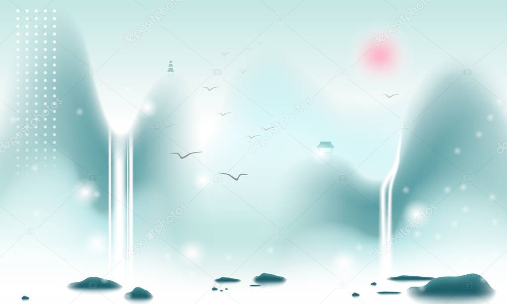 Eastern mountain landscape with waterfalls and lake. Headpiece. Vector