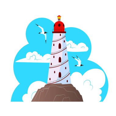 Gökyüzüne karşı bulutlar ve martılarla kaplı eski beyaz deniz feneri. Çıkartma. Vektör