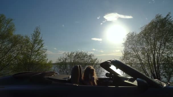 Młoda Ładna Blondynka kobieta rozmawia jej telefon w jej zupełnie nowy samochód z nowoczesne wnętrza i skórzane fotele. — Wideo stockowe