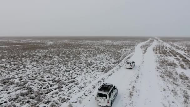 Vista Aérea Los Todoterrenos Moviéndose Través Del Desierto Cubierto Nieve — Vídeos de Stock