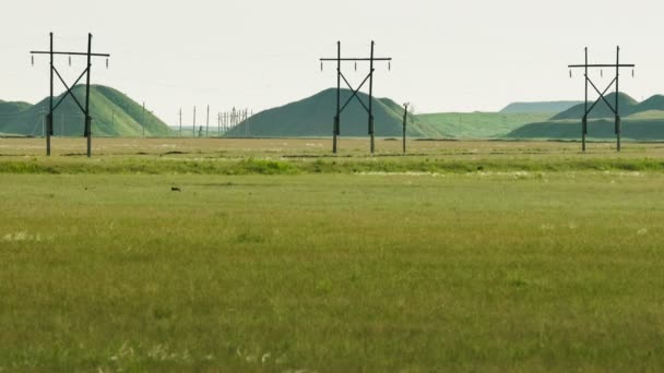 Wysokie napięcie elektryczne wieży energii Pylon. Zielone wzgórza odpadów wydobywczych w tle. — Wideo stockowe