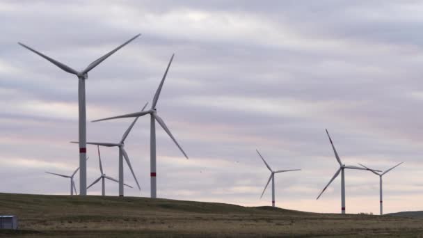 在有美丽山丘的地平线上，在橙色落日的背景下，在田野里移动着一个大风力涡轮机的叶片。替代能源。风车公园生态能源。工业 — 图库视频影像