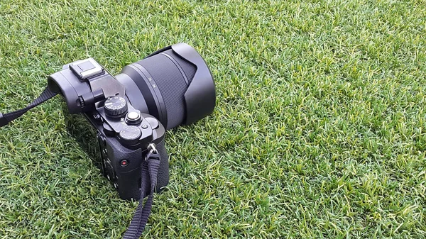 Digital photo camera on grass in summer.