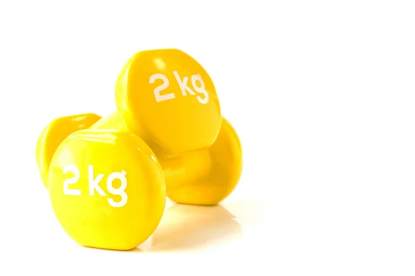 Amarelo Dumbbell Pesos Fundo Branco — Fotografia de Stock