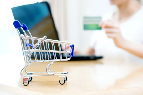 Vrouw winkelend aan het bureau met miniatuur trolley — Stockfoto