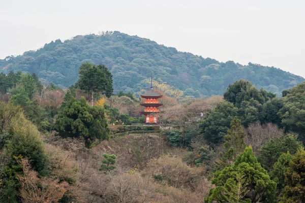 Kyoto, Japán 17 december 2017: a Kiyomizu-dera buddhista templom okok és a Kiotói Skyline — Stock Fotó